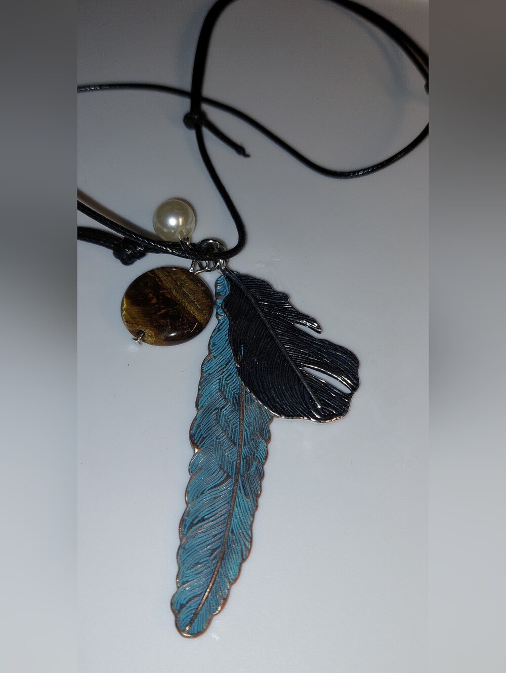 Boho Feather Pendant Necklace - Black & Turquoise Adjustable